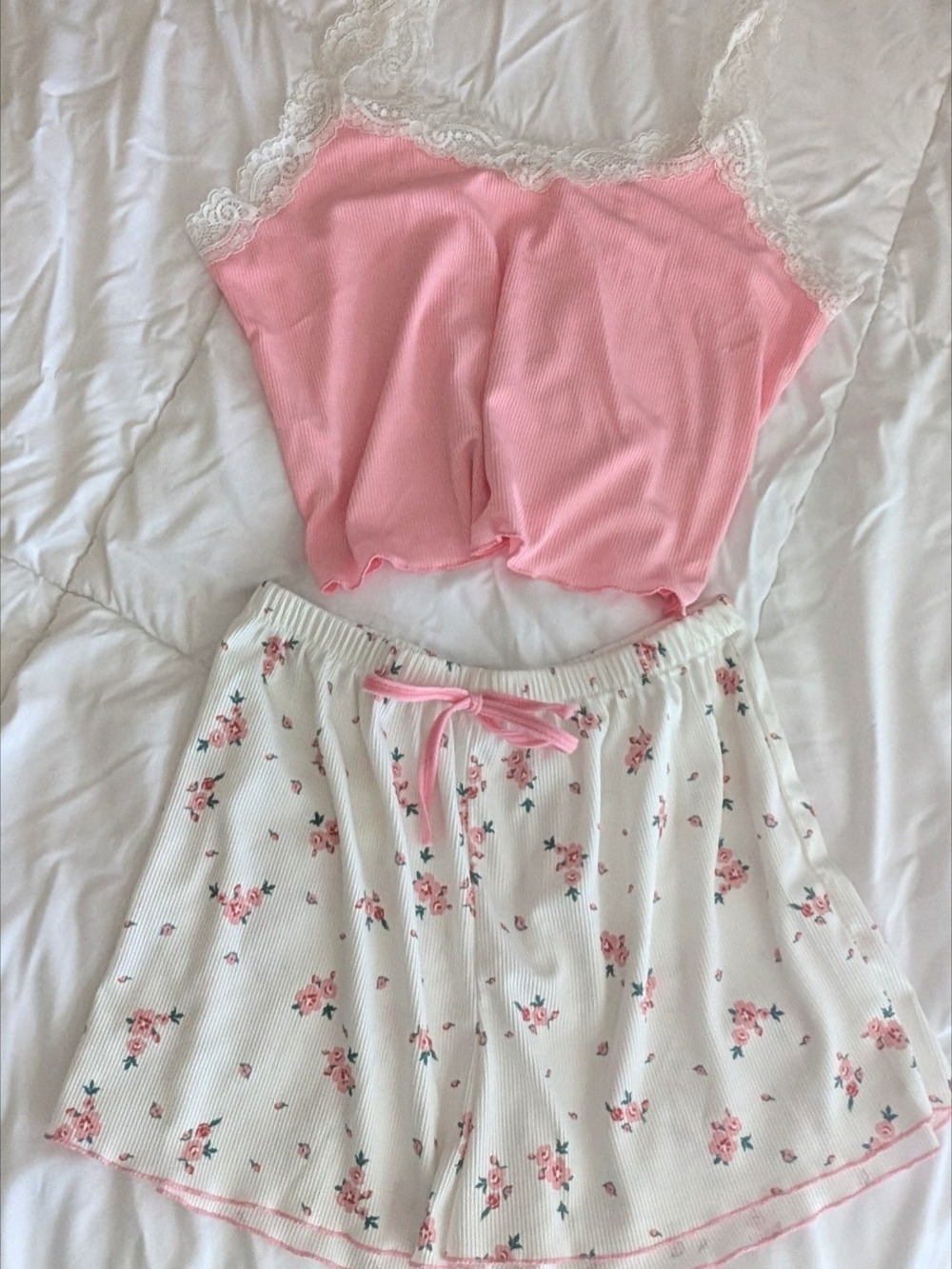 Source Unknown Pink Lace Trim Cami and Floral Shorts Pajama Set